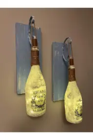 Tıpa Peri Led Işıklı Mavi Eskitme Ahşap Buzlu Cam Şampanya Şişesi Duvar Aplik 2'li Set