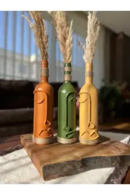 El Yapımı Soyut Yüz Tasarımı Şarap Şişesi Dekorasyonu , Dekoratif Şarap Şişeleri 3'lü Set - Görsel 2