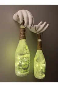 El Yapımı Heykel El Dekorlu Led Işıklı Buzlu Cam Şampanya Şişesi Aplik 2'li Set