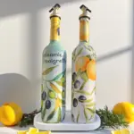 El Yapımı Limon & Zeytin Desenli Cam Yağdanlık & Sirkelik Seti | Şık Mutfak Dekoru & Özel Ev Hediye