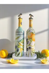 El Yapımı Limon & Zeytin Desenli Cam Yağdanlık & Sirkelik Seti | Şık Mutfak Dekoru & Özel Ev Hediye