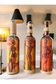 El Yapımı Afrika Kabilesi Kadın Figürlü Dekoratif Şarap Şişeleri 3'lü Set - Görsel 2