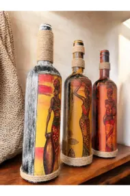 El Yapımı Afrika Kabilesi Kadın Figürlü Dekoratif Şarap Şişeleri 3'lü Set - Görsel 3
