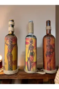 El Yapımı Afrika Kabilesi Kadın Figürlü Dekoratif Şarap Şişeleri 3'lü Set - Görsel 7