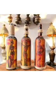 El Yapımı Afrika Kabilesi Kadın Figürlü Dekoratif Şarap Şişeleri 3'lü Set - Görsel 8
