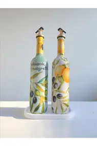 El Yapımı Limon & Zeytin Desenli Cam Yağdanlık & Sirkelik Seti | Şık Mutfak Dekoru & Özel Ev Hediye - Görsel 2