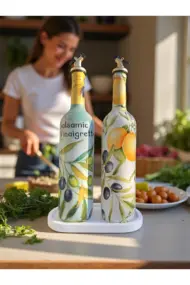 El Yapımı Limon & Zeytin Desenli Cam Yağdanlık & Sirkelik Seti | Şık Mutfak Dekoru & Özel Ev Hediye - Görsel 3