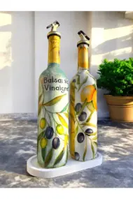 El Yapımı Limon & Zeytin Desenli Cam Yağdanlık & Sirkelik Seti | Şık Mutfak Dekoru & Özel Ev Hediye - Görsel 4