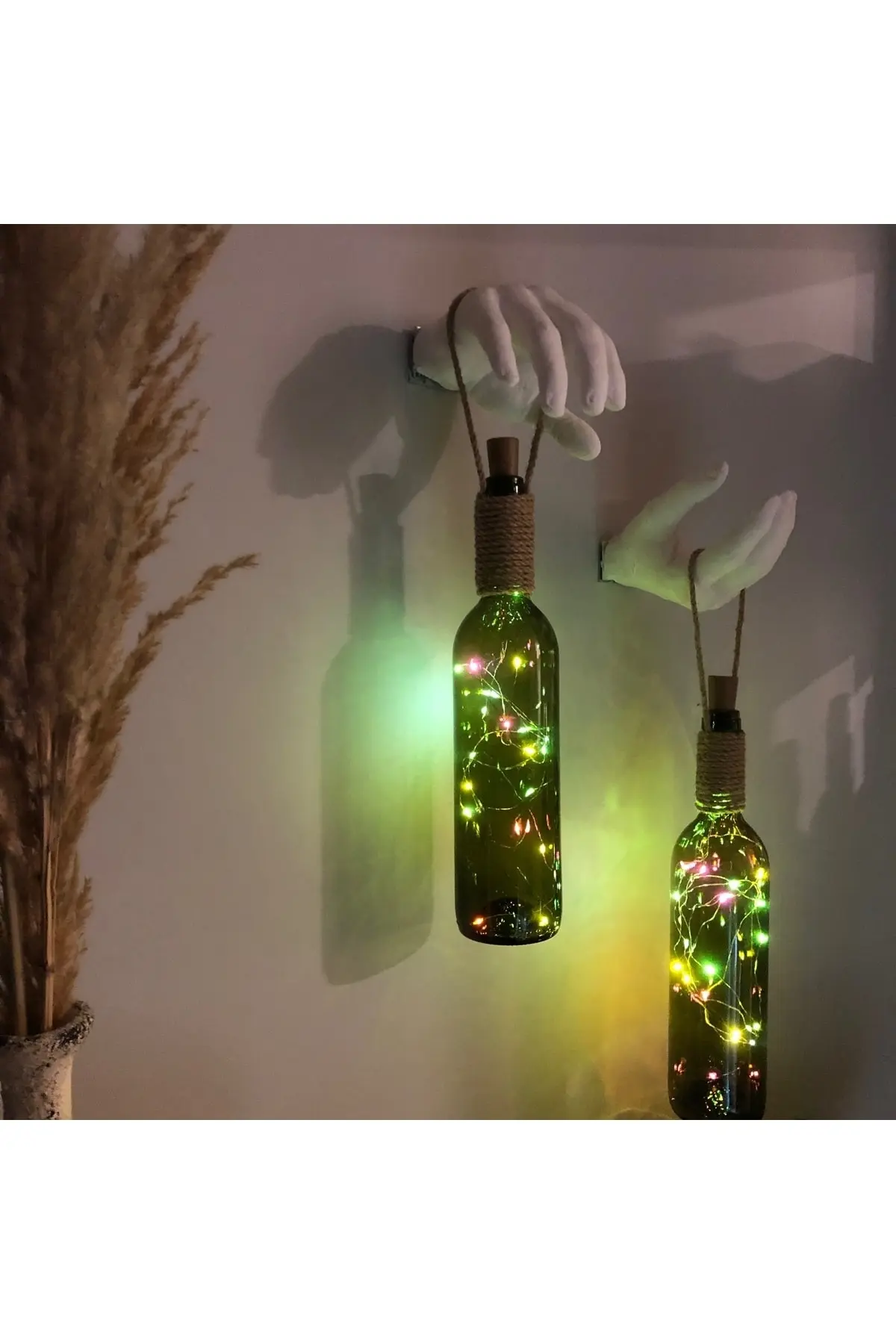 2190134190777-img-1_org_zoom El Yapımı Heykel El Dekorlu Renkli Led Işıklı Yeşil Şarap Şişesi Aplik 2'li Set - Görsel 1