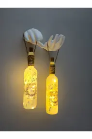 El Yapımı Heykel El Dekorlu Led Işıklı Buzlu Cam Şarap Şişesi Aplik 2'li Set