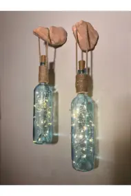 El Figürlü Duvar Lambası – PİLLİ LED Işıklı Dekoratif Mavi Boyalı Cam Şişe Aydınlatma | Vintage El - Görsel 2