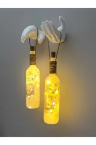 El Yapımı Heykel El Dekorlu Led Işıklı Buzlu Cam Şarap Şişesi Aplik 2'li Set - Görsel 5