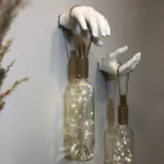 El Yapımı Heykel El Dekorlu Led Işıklı Beyaz Şarap Şişesi Aplik 2'li Set