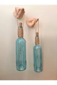 El Figürlü Duvar Lambası – PİLLİ LED Işıklı Dekoratif Mavi Boyalı Cam Şişe Aydınlatma | Vintage El - Görsel 4