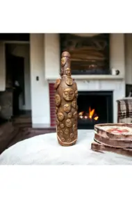 El Yapımı Kil Insan Yüzleri Ile Dekoratif Kahverengi Pas Efekti Şarap Şişesi, Ev /ofis Dekoru - Görsel 3