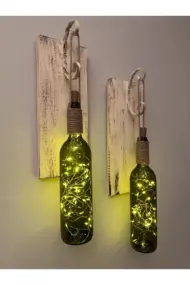 Tıpa Peri Led Işıklı Krem Kahve Retro Yeşil Şarap Şişesi Duvar Aplik 2'li Set