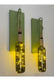 Led Işıklı Yeşil Ahşap Renkli Retro Şarap Şişesi Duvar Aplik 2'li Set