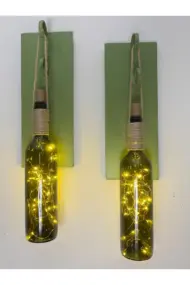 Led Işıklı Yeşil Ahşap Renkli Retro Şarap Şişesi Duvar Aplik 2'li Set - Görsel 2