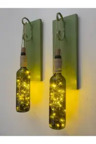 Led Işıklı Yeşil Ahşap Renkli Retro Şarap Şişesi Duvar Aplik 2'li Set - Görsel 3