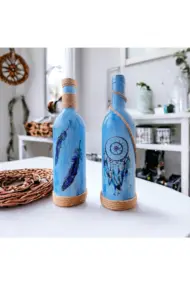 El Yapımı Düş Kapanı Baskılı Mavi Dekoratif Şarap Şişesi 2 Li Set, Ev Dekor