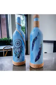 El Yapımı Düş Kapanı Baskılı Mavi Dekoratif Şarap Şişesi 2 Li Set, Ev Dekor - Görsel 2