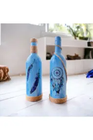 El Yapımı Düş Kapanı Baskılı Mavi Dekoratif Şarap Şişesi 2 Li Set, Ev Dekor - Görsel 3
