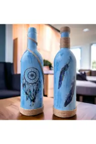El Yapımı Düş Kapanı Baskılı Mavi Dekoratif Şarap Şişesi 2 Li Set, Ev Dekor - Görsel 4