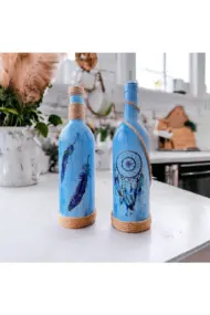 El Yapımı Düş Kapanı Baskılı Mavi Dekoratif Şarap Şişesi 2 Li Set, Ev Dekor - Görsel 5