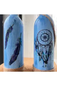 El Yapımı Düş Kapanı Baskılı Mavi Dekoratif Şarap Şişesi 2 Li Set, Ev Dekor - Görsel 6