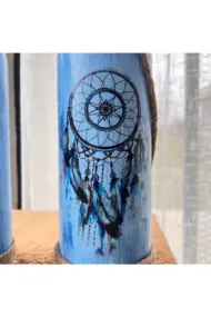 El Yapımı Düş Kapanı Baskılı Mavi Dekoratif Şarap Şişesi 2 Li Set, Ev Dekor - Görsel 7