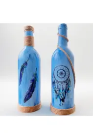 El Yapımı Düş Kapanı Baskılı Mavi Dekoratif Şarap Şişesi 2 Li Set, Ev Dekor - Görsel 8