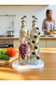 El yapımı Kil Kabartma Uygulama Ege Dokunuşu El Yapımı Zeytin & Üzüm Şişeleri, Yağdanlık, Sosluk - Görsel 3