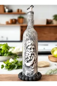 El Yapımı Antik Yüz Figürlü Yağdanlık, Sosluk, Sirkelik Cam Şişe Üzeri Taş Doku, Sunum Standlı