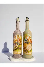 750 ml El Yapımı Vintage Desenli Sunum Stantlı 2'li Zeytinyağı Sıvıyağ Şişesi Yağdanlık Yağlık