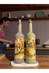 750 ml El Yapımı Vintage Desenli Sunum Stantlı 2'li Zeytinyağı Sıvıyağ Şişesi Yağdanlık Yağlık - Görsel 2
