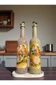 750 ml El Yapımı Vintage Desenli Sunum Stantlı 2'li Zeytinyağı Sıvıyağ Şişesi Yağdanlık Yağlık - Görsel 3