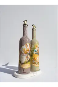 750 ml El Yapımı Vintage Desenli Sunum Stantlı 2'li Zeytinyağı Sıvıyağ Şişesi Yağdanlık Yağlık - Görsel 4