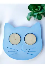 Mavi Kedi Şekilli Beton Mumluk - El Yapımı Dekoratif Çay Işığı tealight Mumluk - Minimalist Kedi Te