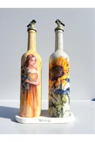 El Yapımı Çatlatma Desenli Cam Yağdanlık Seti – Ayçiçeği ve Kadın Desenli, Mutfak Tasarım, Dekor