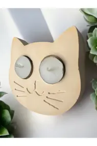 Sarı Kedi Şekilli Beton Mumluk - El Yapımı Dekoratif Çay Işığı tealight Mumluk - Minimalist Kedi Te - Görsel 4