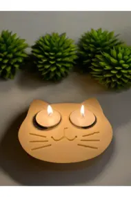 Sarı Kedi Şekilli Beton Mumluk - El Yapımı Dekoratif Çay Işığı tealight Mumluk - Minimalist Kedi Te - Görsel 5