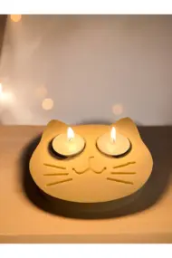 Sarı Kedi Şekilli Beton Mumluk - El Yapımı Dekoratif Çay Işığı tealight Mumluk - Minimalist Kedi Te - Görsel 6