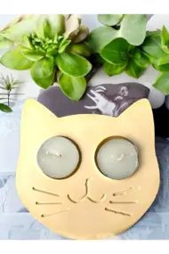 Sarı Kedi Şekilli Beton Mumluk - El Yapımı Dekoratif Çay Işığı tealight Mumluk - Minimalist Kedi Te - Görsel 7