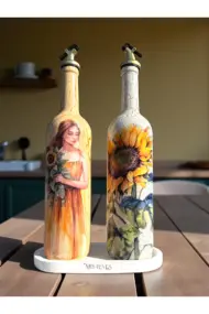 El Yapımı Çatlatma Desenli Cam Yağdanlık Seti – Ayçiçeği ve Kadın Desenli, Mutfak Tasarım, Dekor - Görsel 2