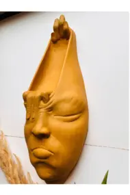 Soyut 3D Yüz Heykeli – Modern Duvar Sanatı | El Yapımı Dekoratif Mask | 48x18 cm Heykel Duvar Dekor - Görsel 4