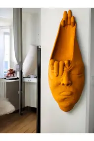 Soyut 3D Yüz Heykeli – Modern Duvar Sanatı | El Yapımı Dekoratif Mask | 48x18 cm Heykel Duvar Dekor - Görsel 7