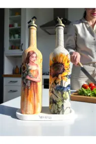 El Yapımı Çatlatma Desenli Cam Yağdanlık Seti – Ayçiçeği ve Kadın Desenli, Mutfak Tasarım, Dekor - Görsel 3