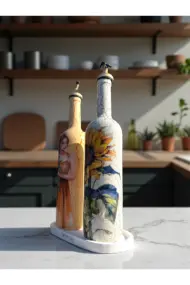 El Yapımı Çatlatma Desenli Cam Yağdanlık Seti – Ayçiçeği ve Kadın Desenli, Mutfak Tasarım, Dekor - Görsel 5