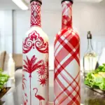 El Yapımı Kırmızı Beyaz Yağdanlık Seti – Flamingo Ekose Desenli Cam Şişe, Dekoratif Mutfak & Sofra