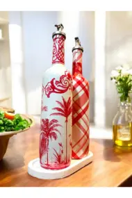 El Yapımı Kırmızı Beyaz Yağdanlık Seti – Flamingo Ekose Desenli Cam Şişe, Dekoratif Mutfak & Sofra - Görsel 2